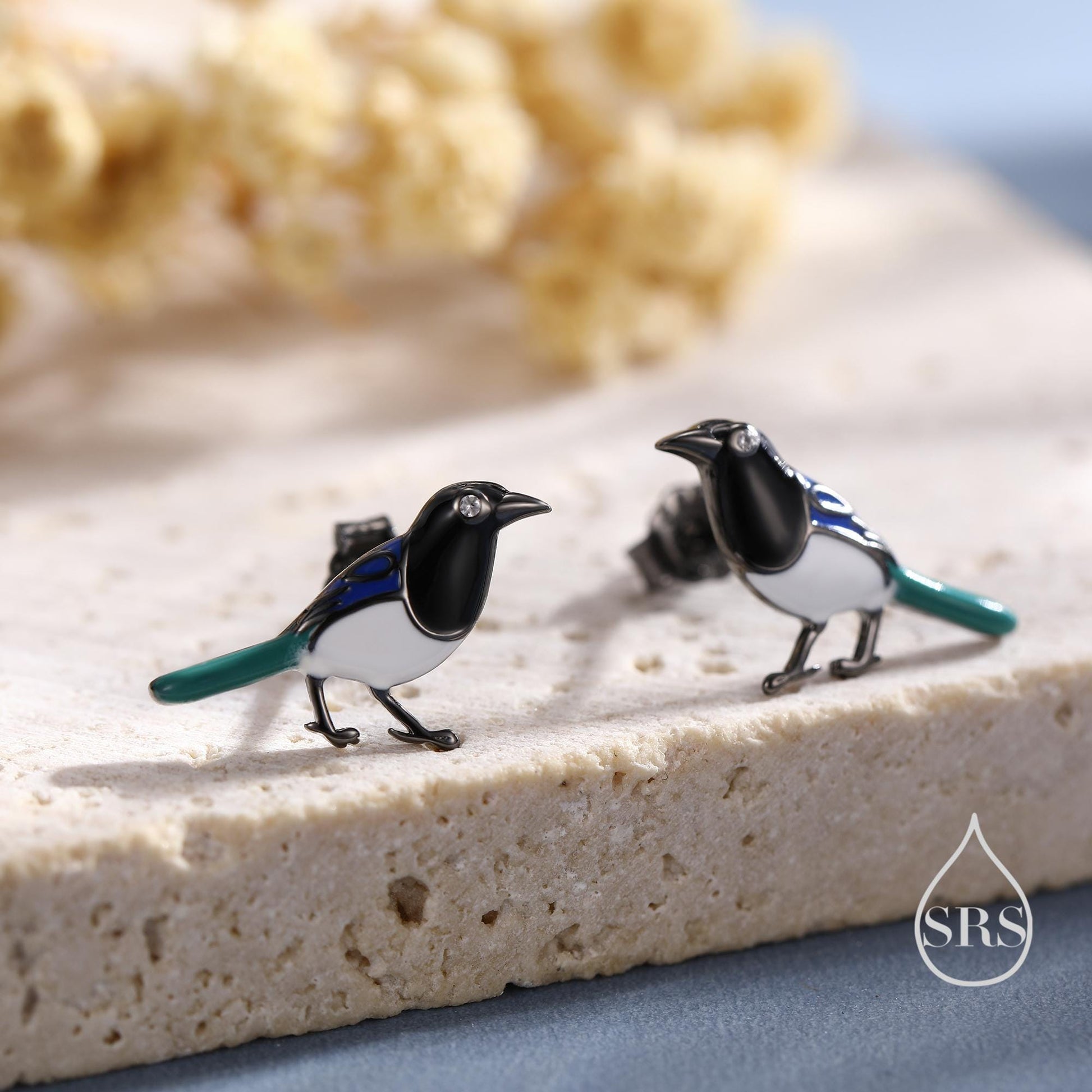 Tiny Sterling Silver Magpie Bird Stud Earrings,  Enamel Coated Magpie Bird Earrings, Nature Inspired Animal Earrings, Magpie Stud