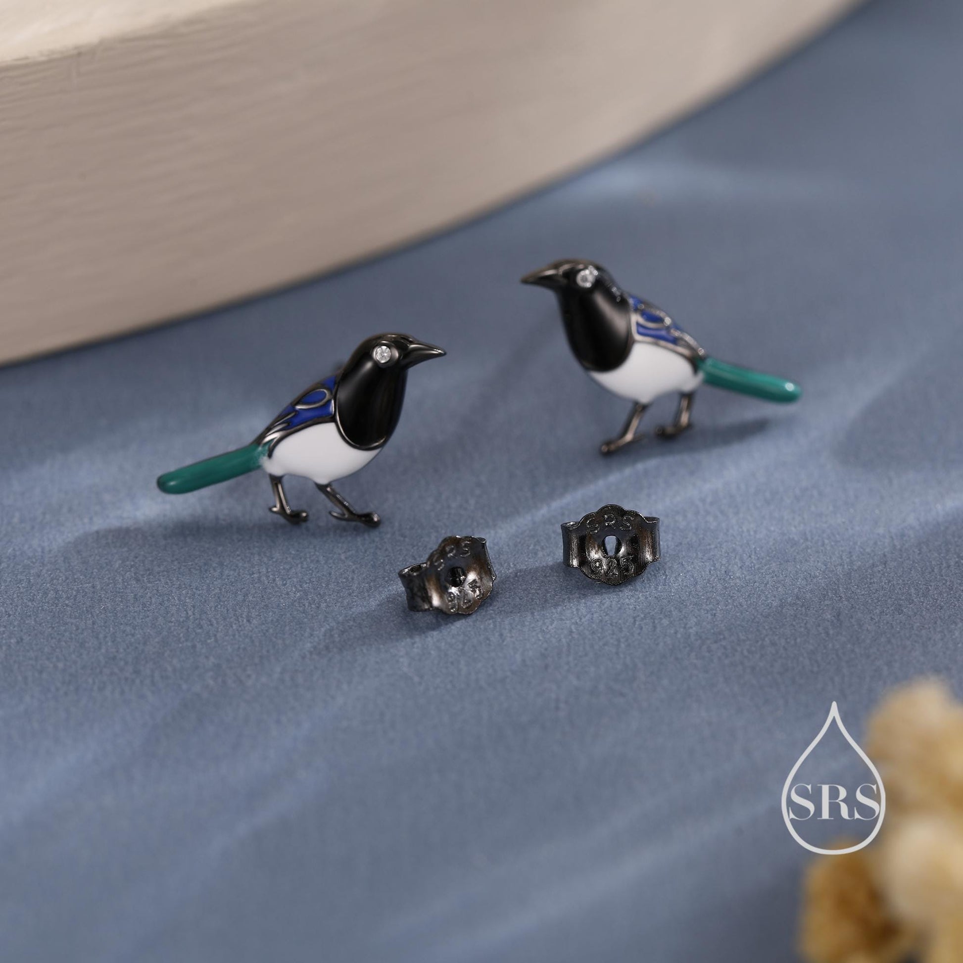 Tiny Sterling Silver Magpie Bird Stud Earrings,  Enamel Coated Magpie Bird Earrings, Nature Inspired Animal Earrings, Magpie Stud