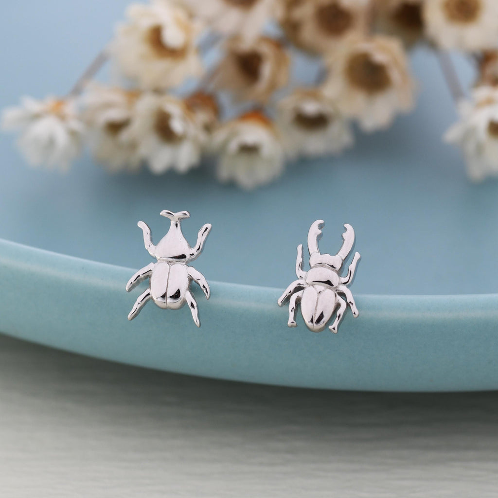 Mismatched Stag Beetle Stud Earrings in Sterling Silver, Silver, Gold or Rose Gold, Asymmetric Beetle Earrings, Bugs Earrings,