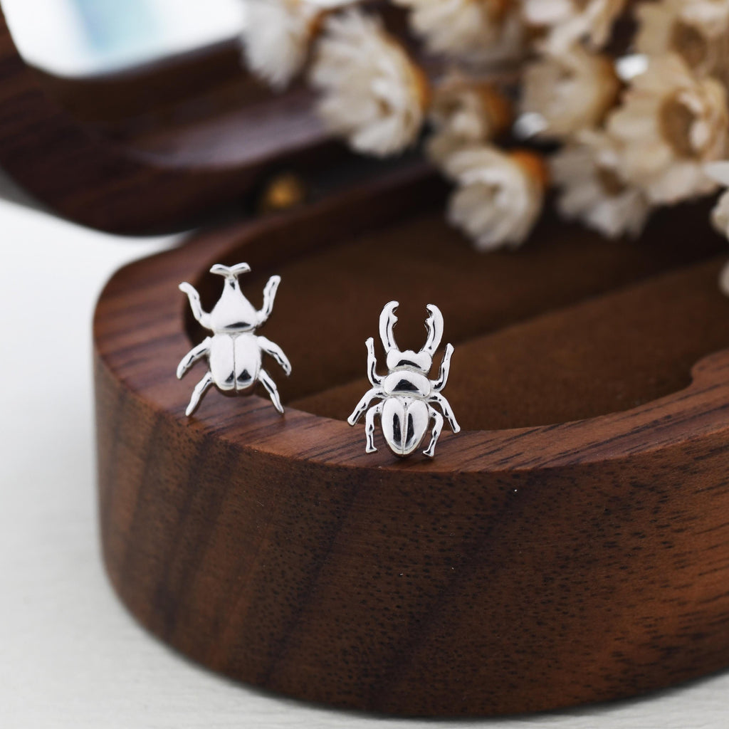 Mismatched Stag Beetle Stud Earrings in Sterling Silver, Silver, Gold or Rose Gold, Asymmetric Beetle Earrings, Bugs Earrings,