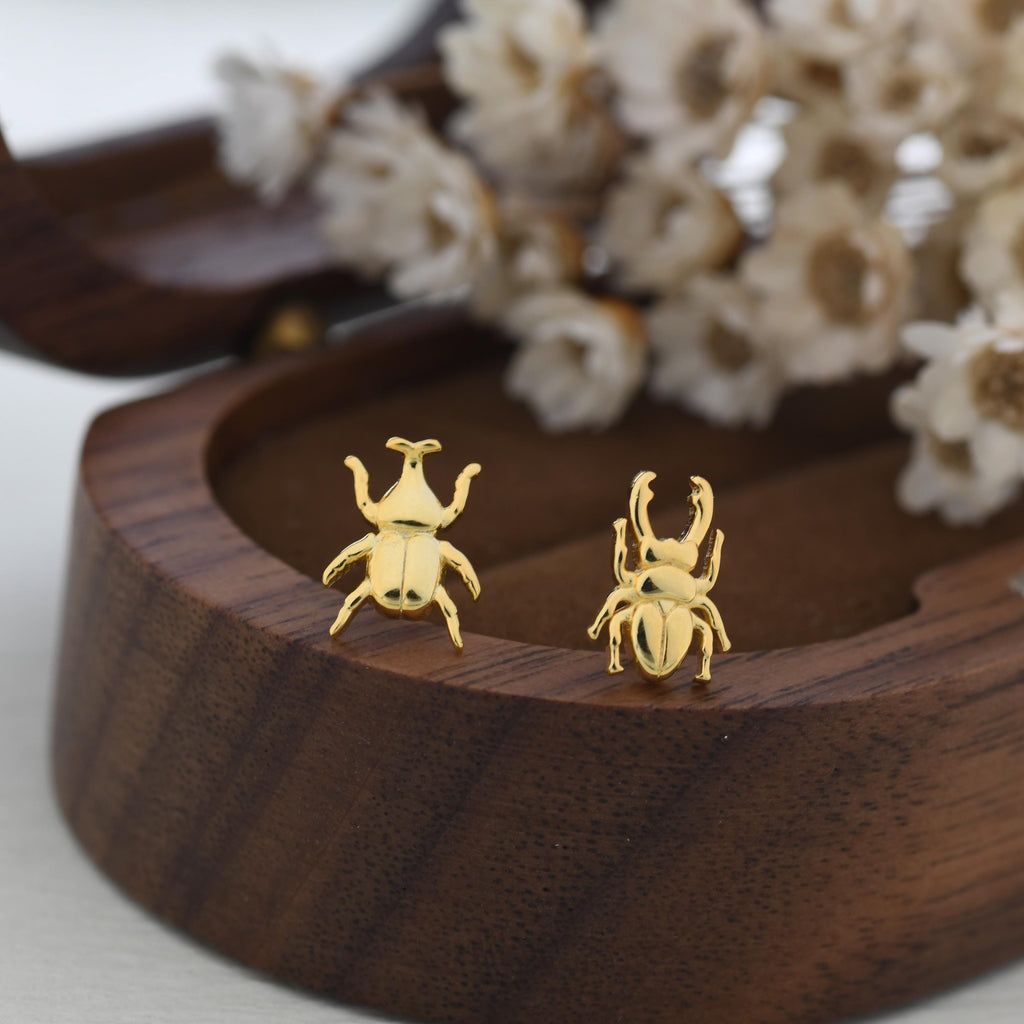 Mismatched Stag Beetle Stud Earrings in Sterling Silver, Silver, Gold or Rose Gold, Asymmetric Beetle Earrings, Bugs Earrings,