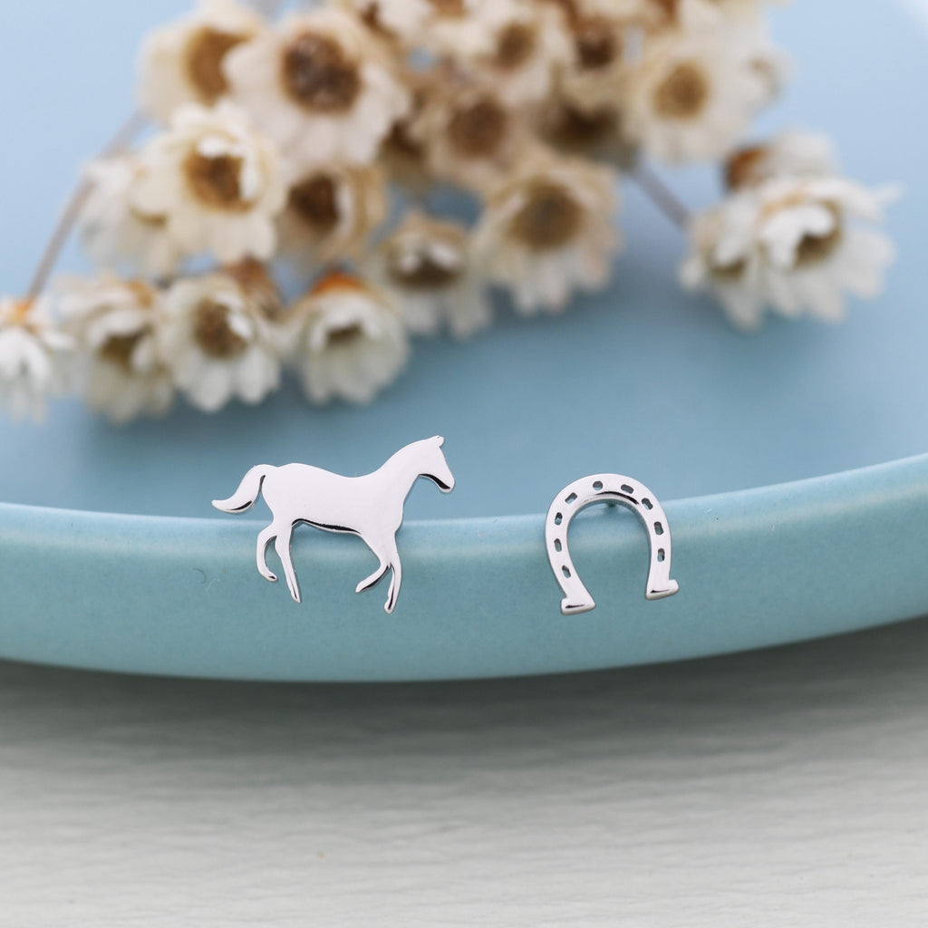 Tiny Mismatched Horse and Horseshoe Stud Earrings in Sterling Silver, Asymmetric Horse Shoe Stud, Horse Shoe Earrings