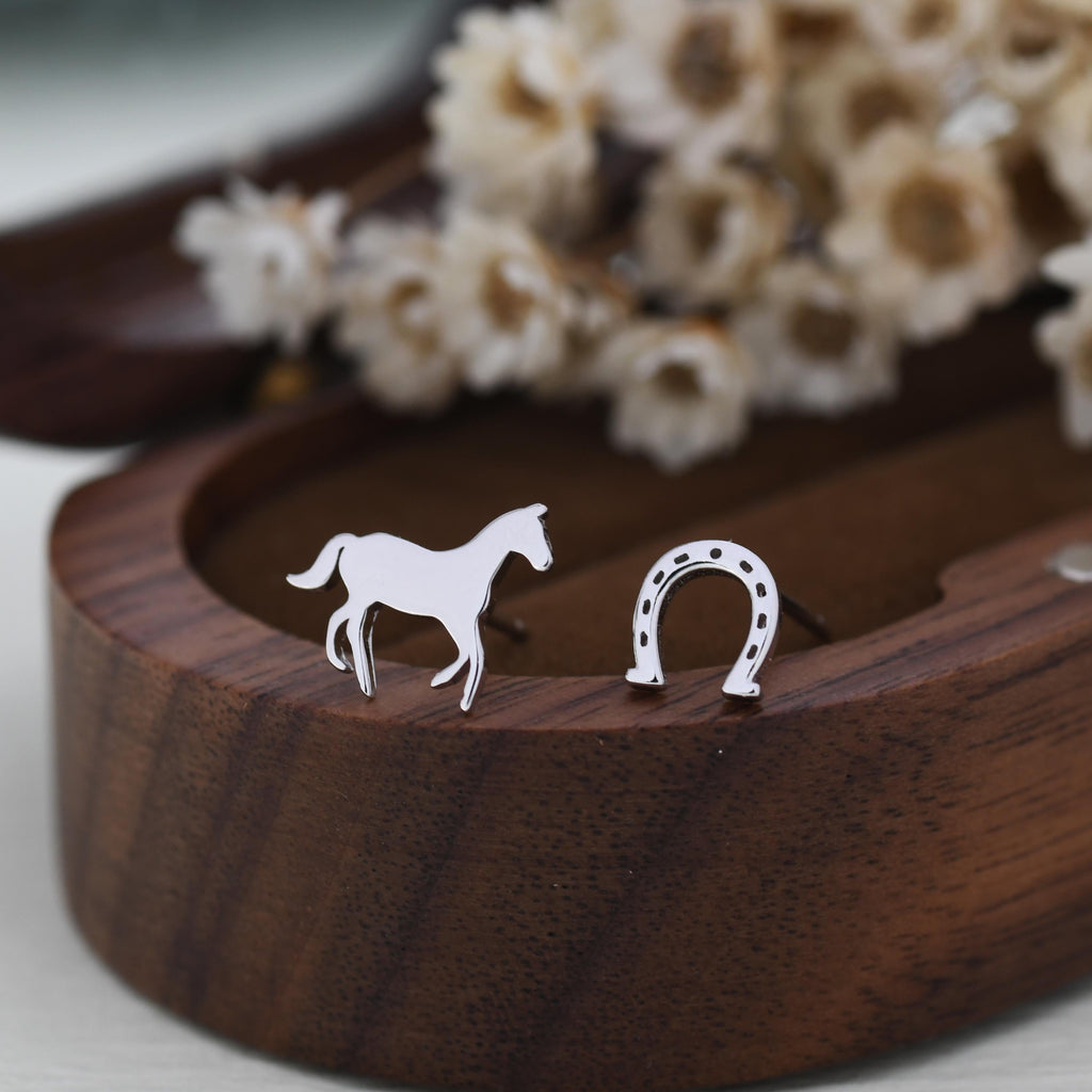 Tiny Mismatched Horse and Horseshoe Stud Earrings in Sterling Silver, Asymmetric Horse Shoe Stud, Horse Shoe Earrings