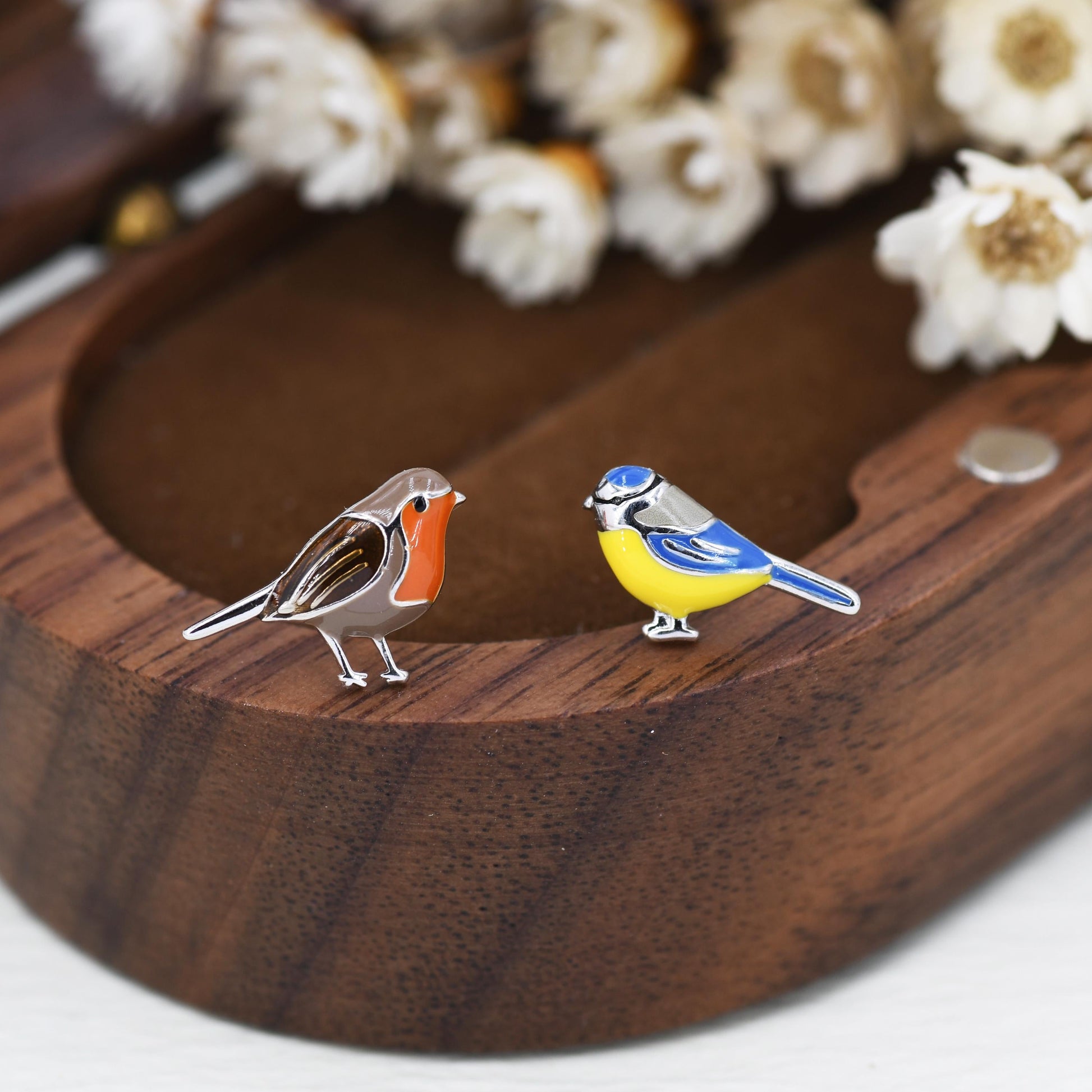 Mismatched Robin Bird and  Blue Tit Bird Stud Earrings in Sterling Silver, Asymmetric Enamel Bird Earrings, Silver or Gold
