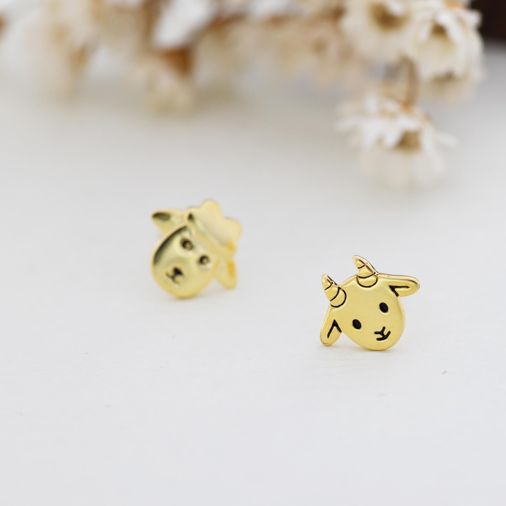 Mismatched Baby Goat and Sheep Stud Earrings in Sterling Silver, Silver or Gold, Asymmetric Baby Sheep Stud Earrings, Farm Earrings