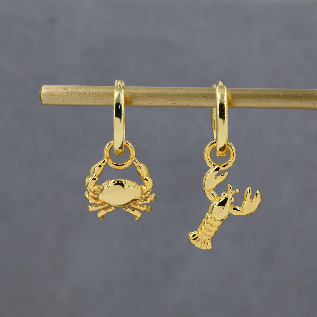 Mismatched Crab and Lobster Huggie Hoop Earrings in Sterling Silver, Silver or Gold or Rose Gold, Asymmetric Lobster and Crab Hoop Earrings