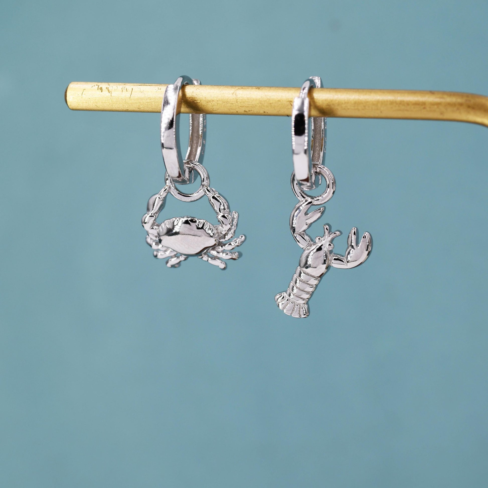 Mismatched Crab and Lobster Huggie Hoop Earrings in Sterling Silver, Silver or Gold or Rose Gold, Asymmetric Lobster and Crab Hoop Earrings