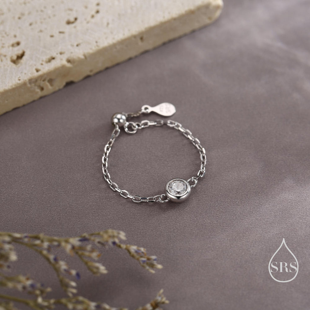 Delicate Sterling Silver Sparkly CZ Soft Ring, Adjustable Size CZ Crystal Chain Ring, Silver or Gold, Soft chain Ring in Sterling Silver
