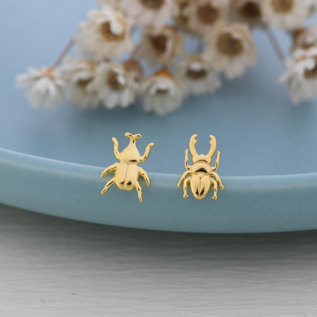 Mismatched Stag Beetle Stud Earrings in Sterling Silver, Silver, Gold or Rose Gold, Asymmetric Beetle Earrings, Bugs Earrings,