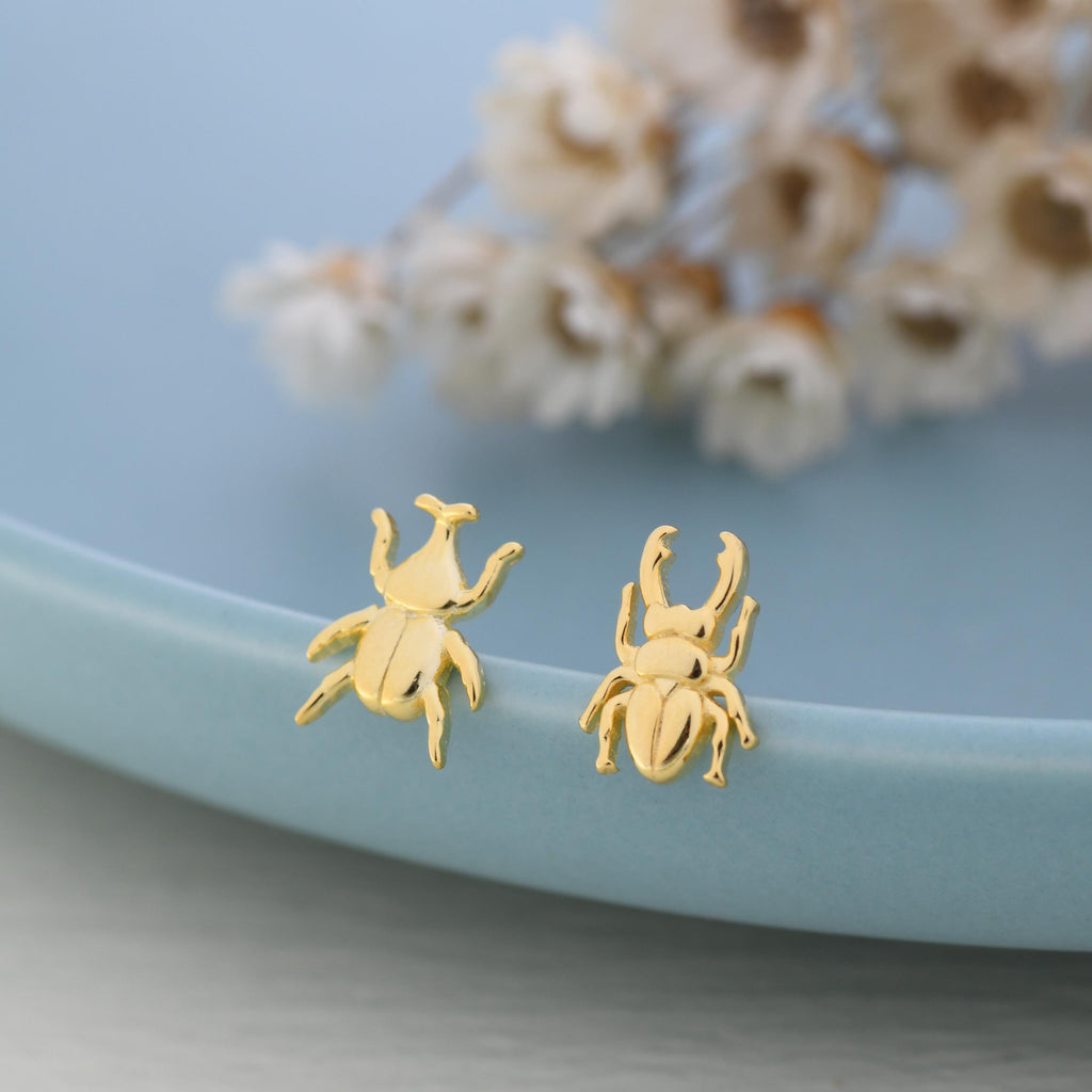Mismatched Stag Beetle Stud Earrings in Sterling Silver, Silver, Gold or Rose Gold, Asymmetric Beetle Earrings, Bugs Earrings,