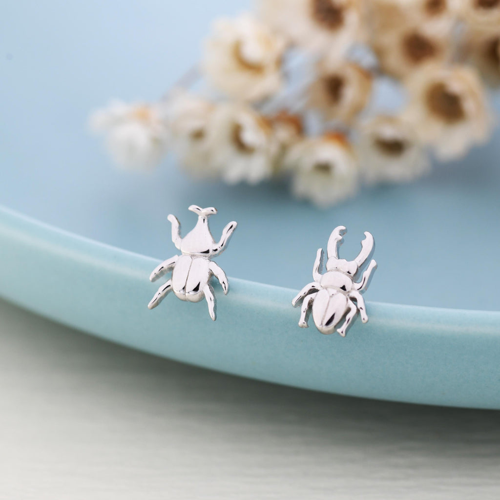 Mismatched Stag Beetle Stud Earrings in Sterling Silver, Silver, Gold or Rose Gold, Asymmetric Beetle Earrings, Bugs Earrings,