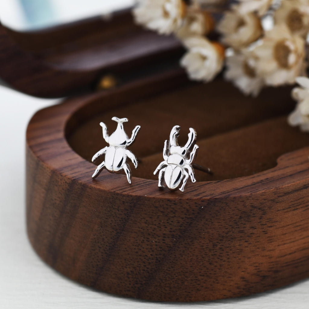Mismatched Stag Beetle Stud Earrings in Sterling Silver, Silver, Gold or Rose Gold, Asymmetric Beetle Earrings, Bugs Earrings,