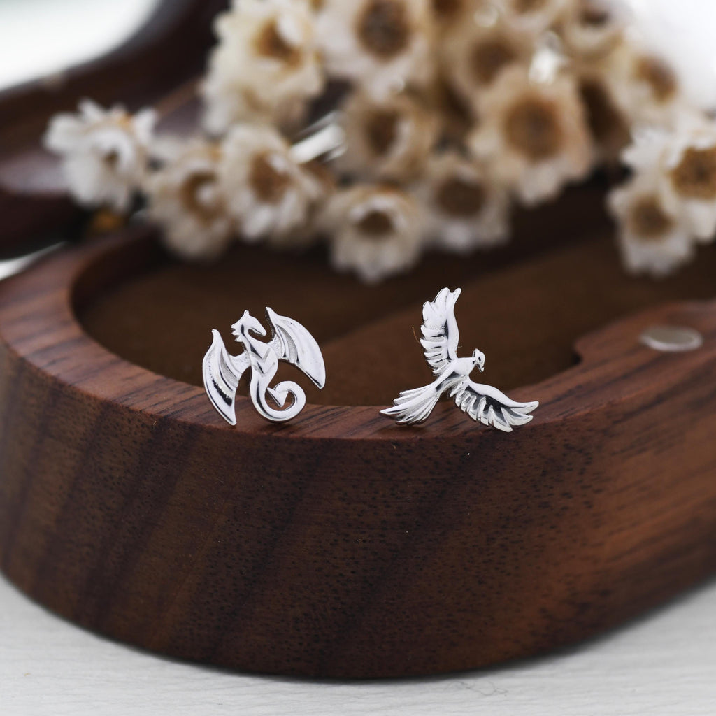 Mismatched Dragon and Phoenix Stud Earrings in Sterling Silver, Silver or Gold, Asymmetric Phoenix and Dragon Stud Earrings