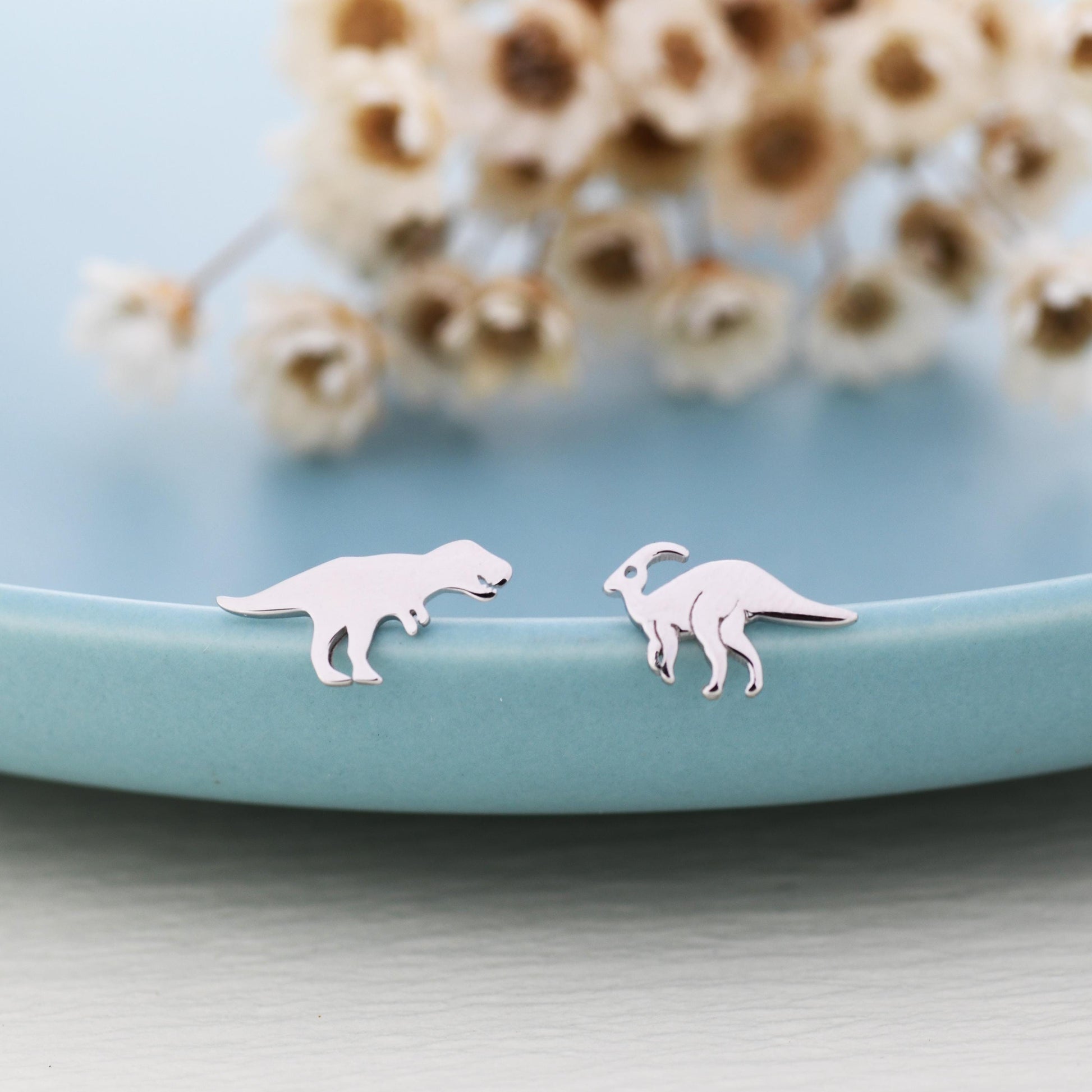 Mismatched T-Rex Tyrannosaurus Dinosaur Stud Earrings in Sterling Silver, Silver or Gold, Asymmetric Parasaurolophus and T Rex Jewellery