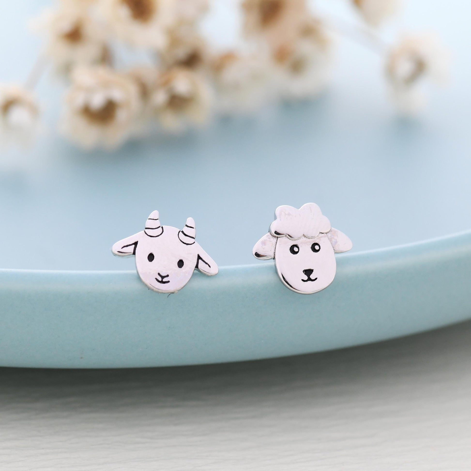 Mismatched Baby Goat and Sheep Stud Earrings in Sterling Silver, Silver or Gold, Asymmetric Baby Sheep Stud Earrings, Farm Earrings