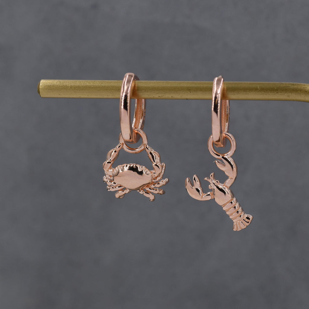Mismatched Crab and Lobster Huggie Hoop Earrings in Sterling Silver, Silver or Gold or Rose Gold, Asymmetric Lobster and Crab Hoop Earrings